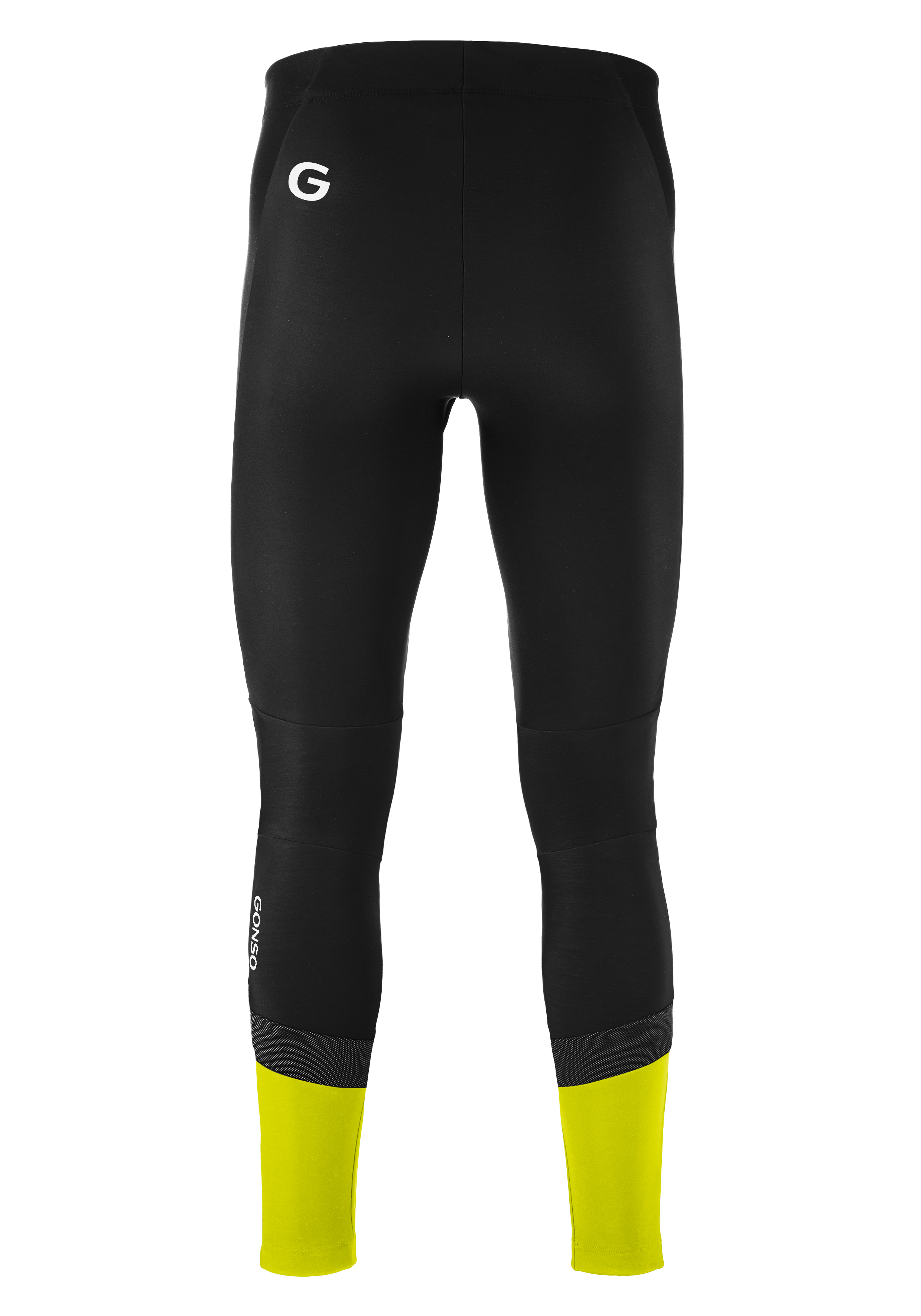 Essential Tight Softshell No Pad M enge Leggings, Wadenband reflektierend, Sporthose, schwarze Strumpfhose, gelbe Bündchen