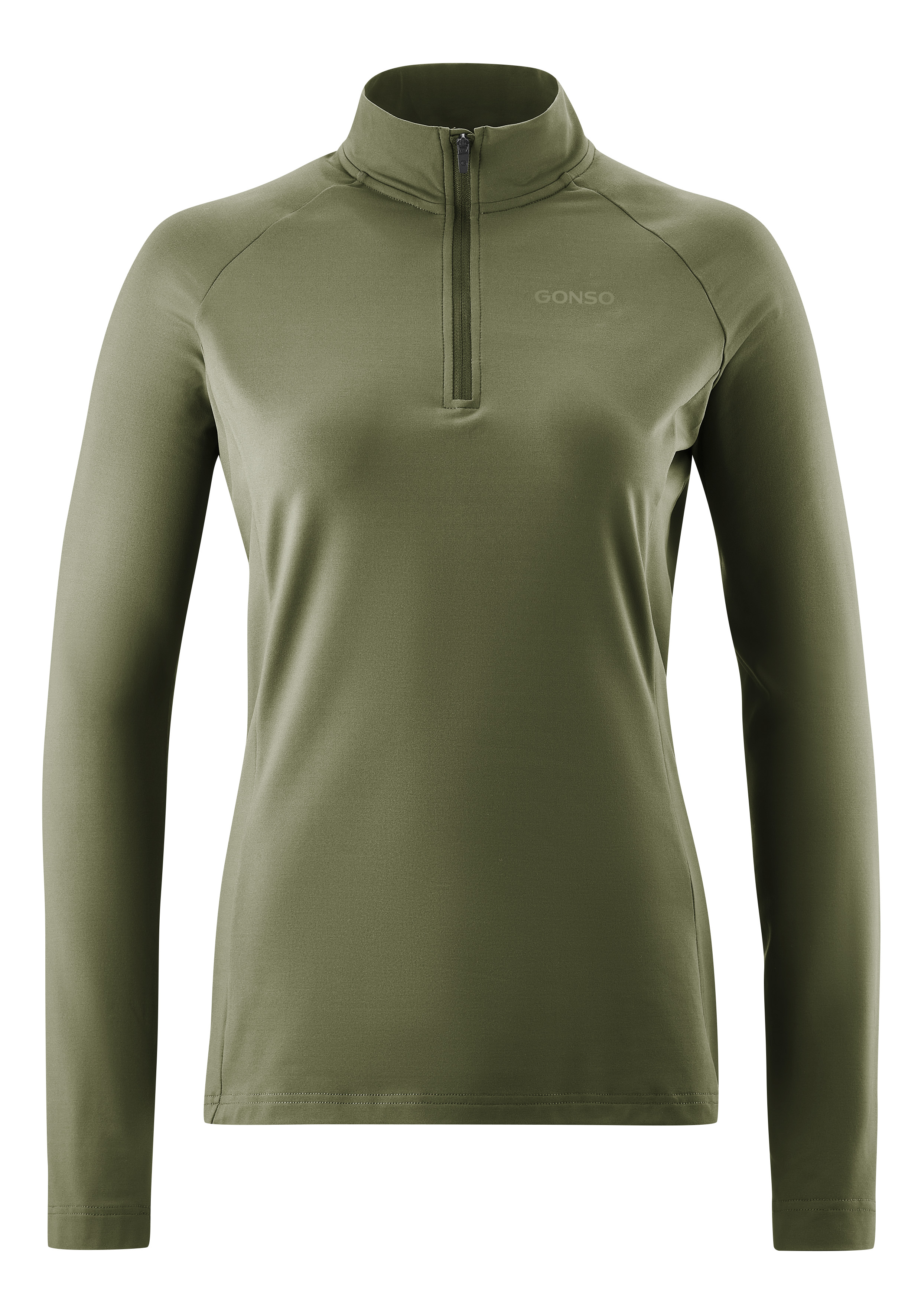 Langarmshirt, Halblipp, Olivgrün, Athletischer Oberteil, Performance-Stoff