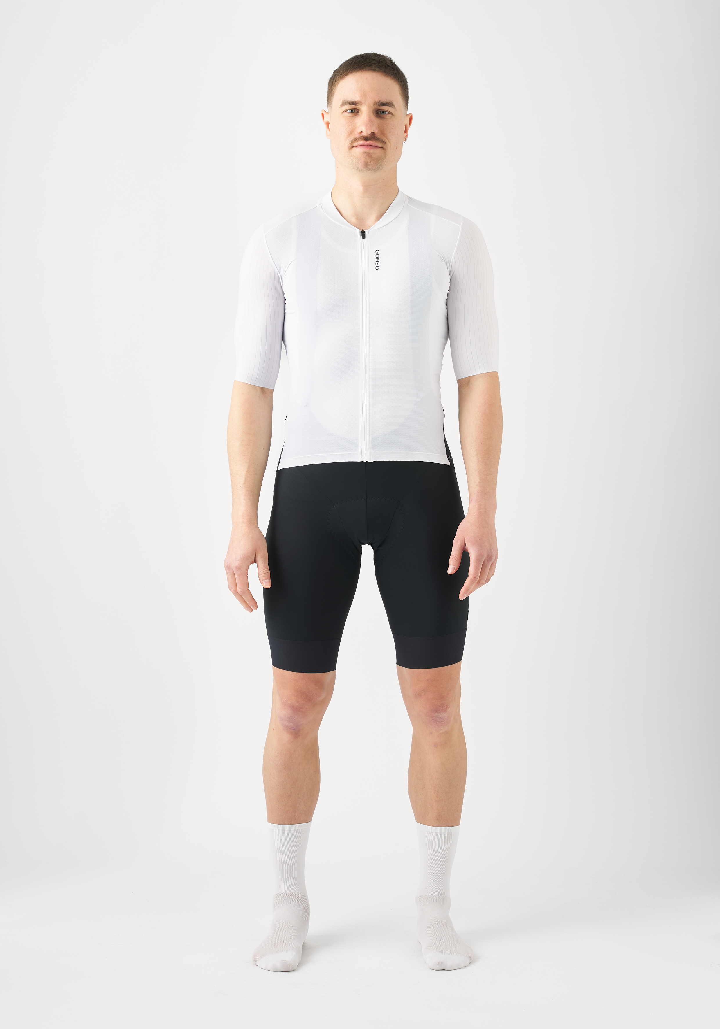 Cycling Jersey, Half Sleeve, Front zip, White jersey, Man wearing cycling kit, cycling jersey, short-sleeve, full-zip, white, men's