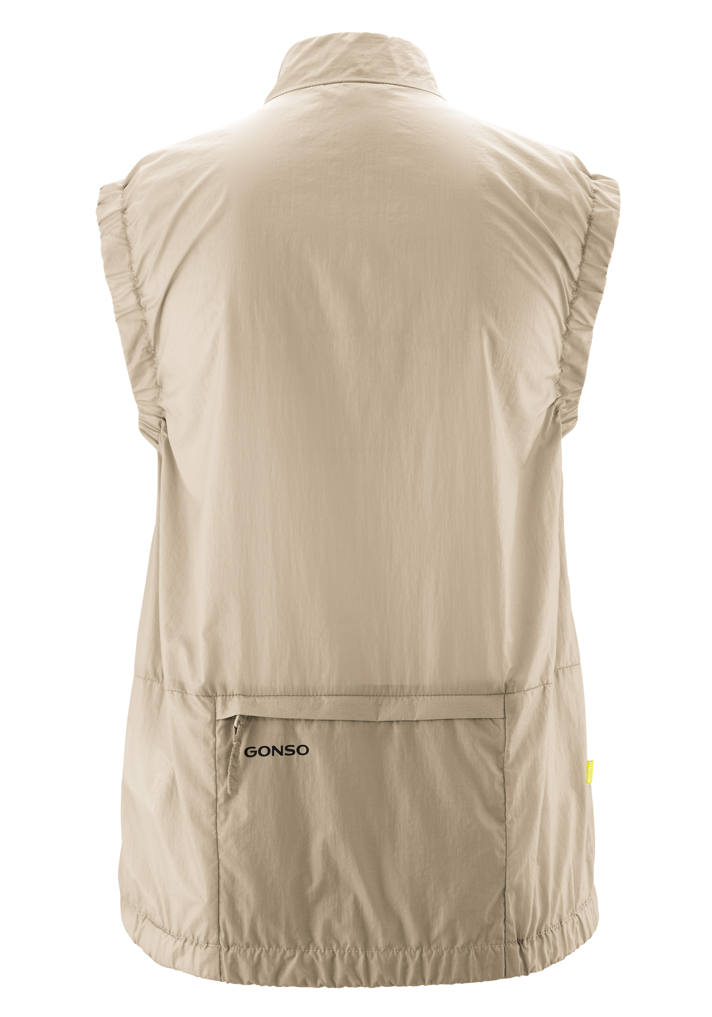 Beige Weste, Gilet, Rückenansicht, Reißverschlusstasche, Armelastik