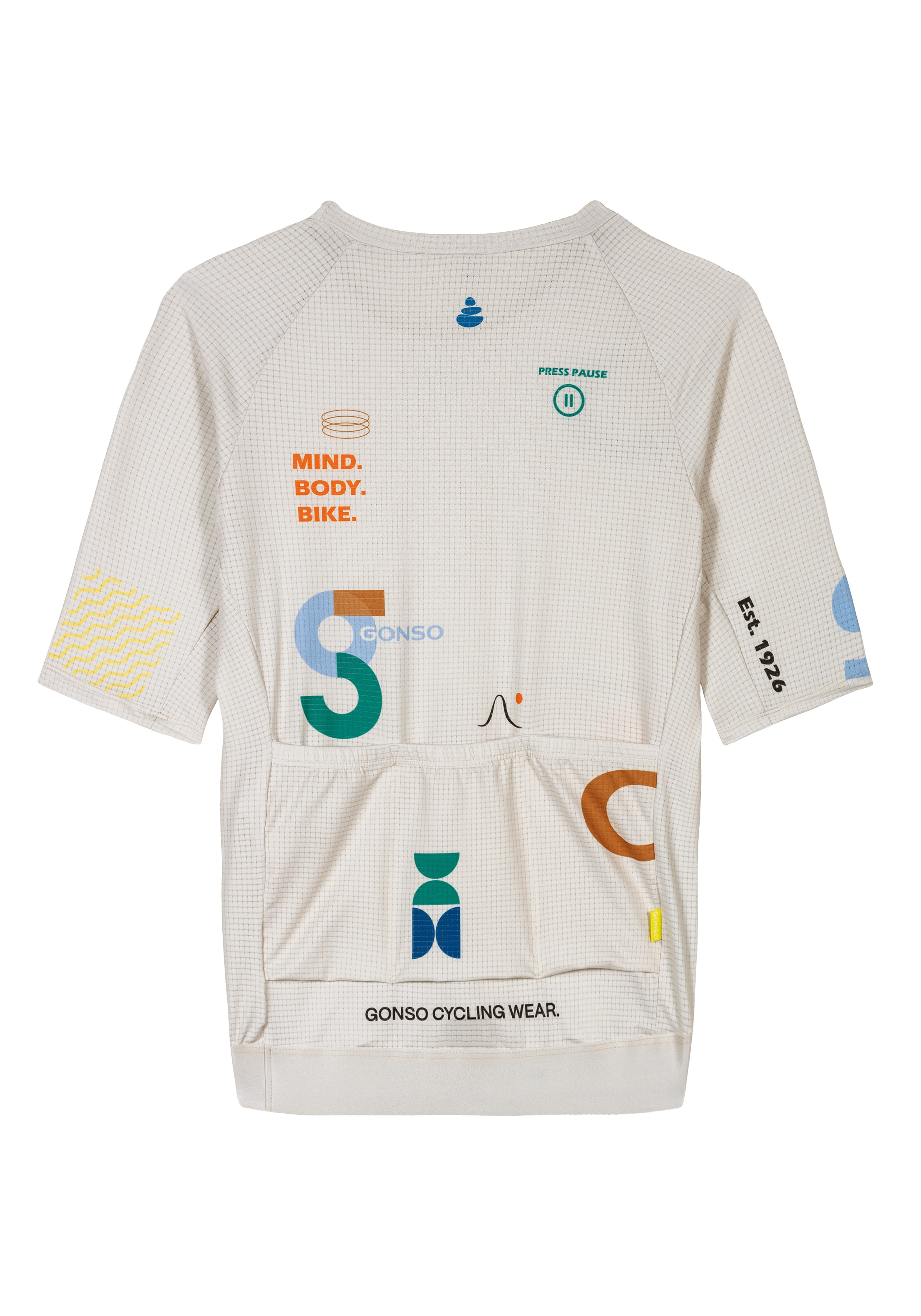 cycling wear, kurzarm, grafikdruck, netzfaser, rückentasche