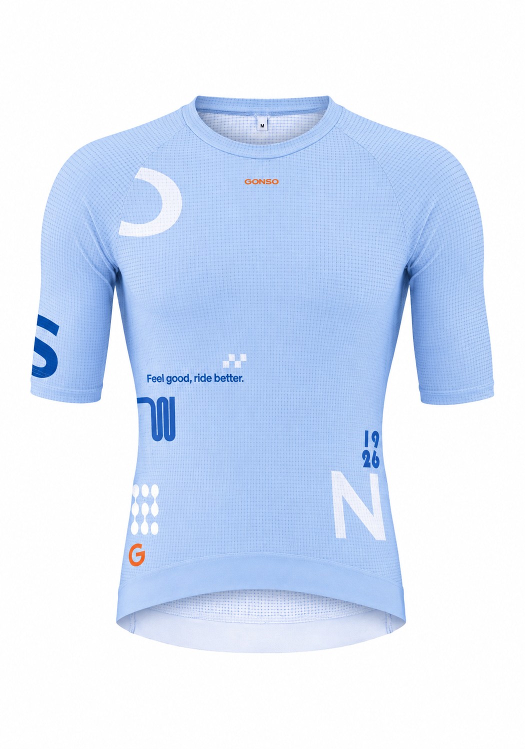 Kurzarm-Laufshirt, Mesh-Stoff, Hellblau, Graphische Druckelemente, Kragenloses Shirt, T-Shirt, Mesh, Kurzarm, Körperbild, Print-Details, T-Shirt, Radsport, Mesh, Kurzarm, Iridescent blue