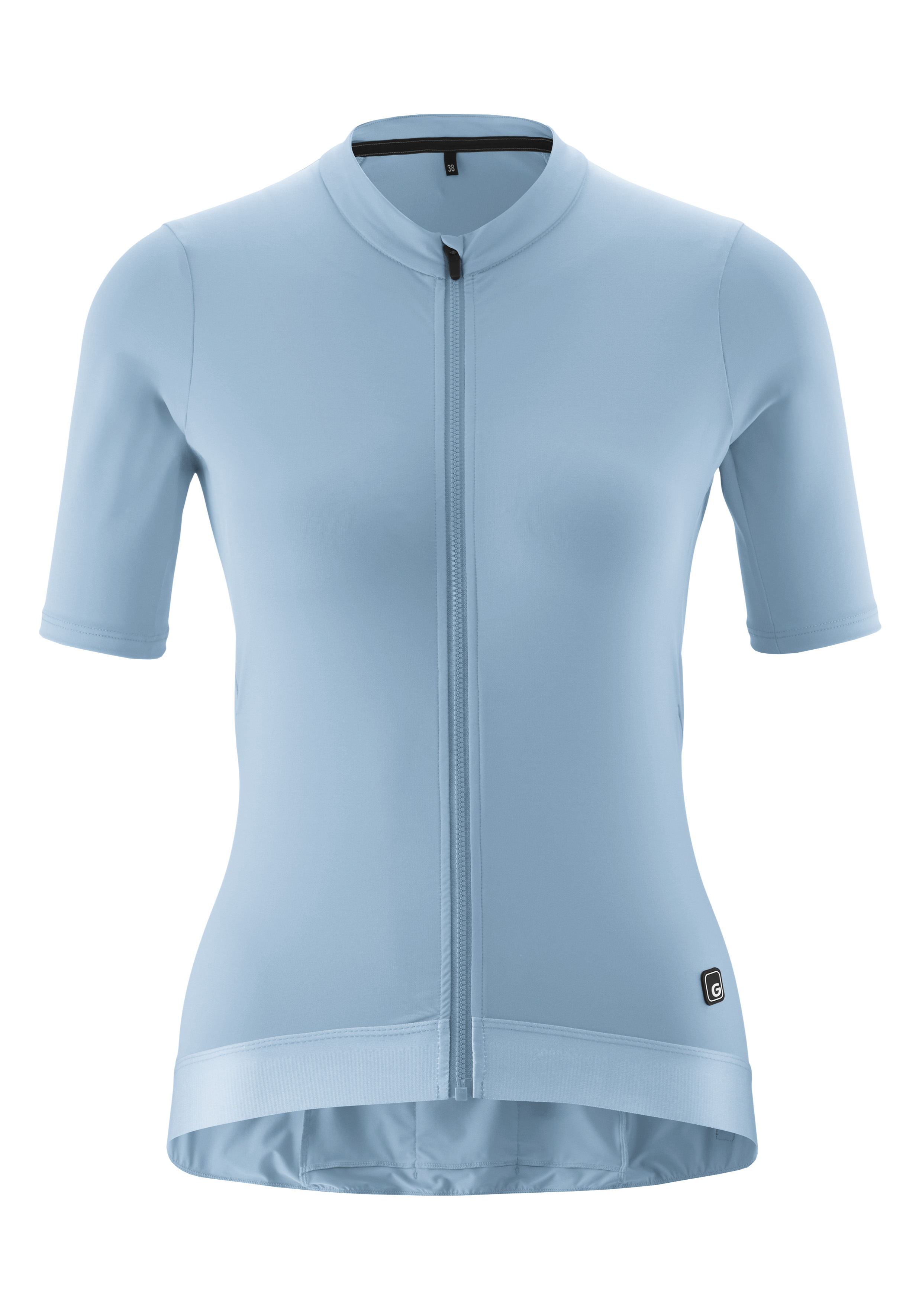cycling jersey, short sleeves, front zipper, light blue, fitted cut