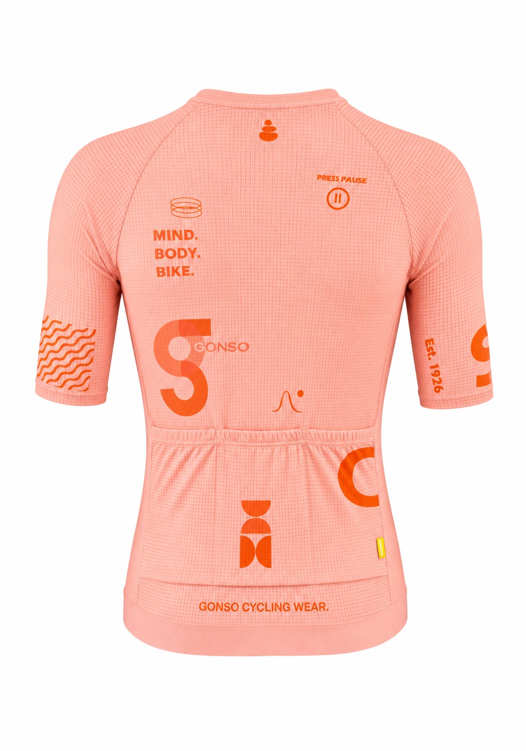 cycling jersey, kurzarm, peach farbe, grafikdruck, rückenansicht