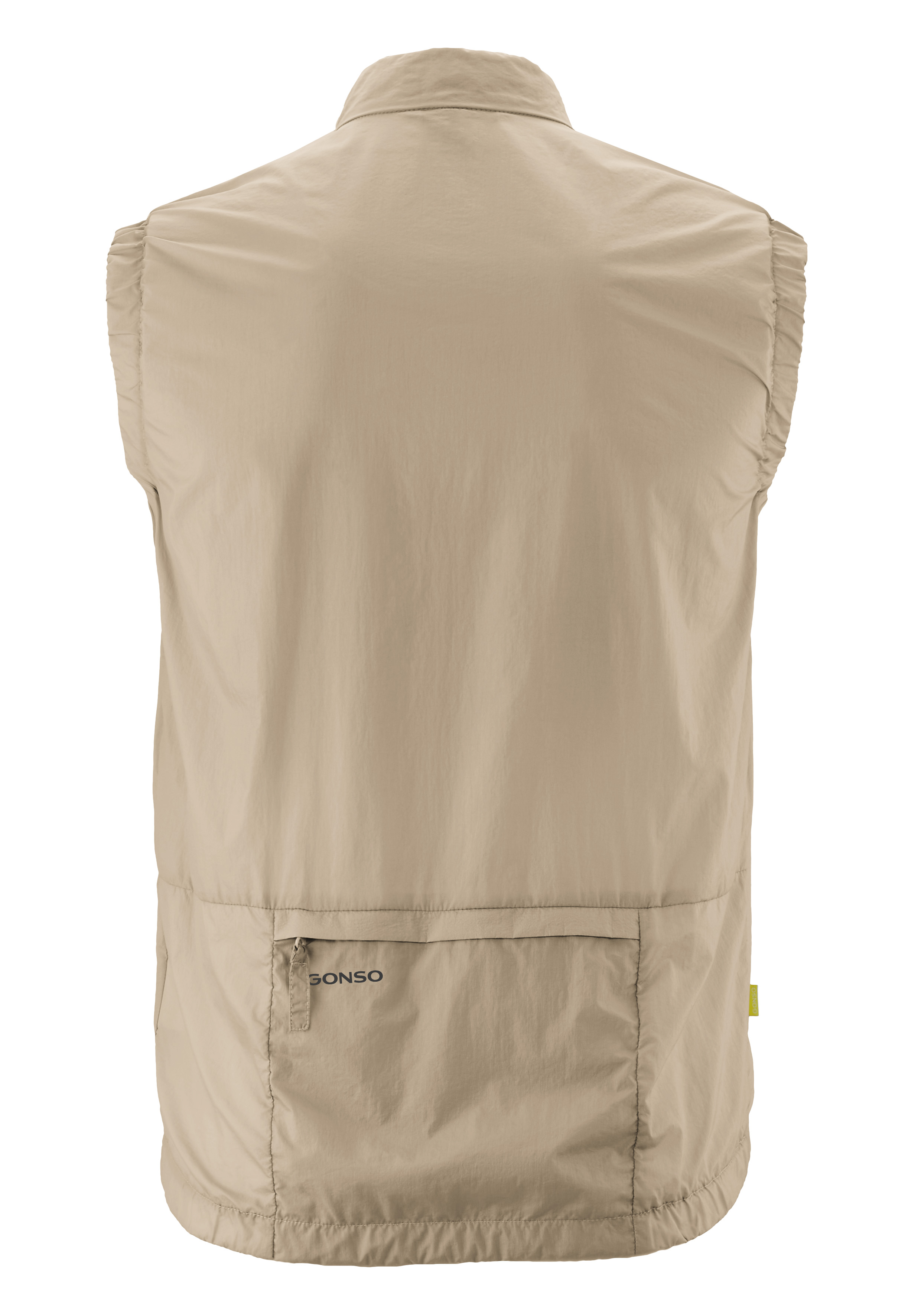 Beige Weste, Gilet, Sacko Taslan?, Auf dem Rücken?, Rückenansicht mit Tasche