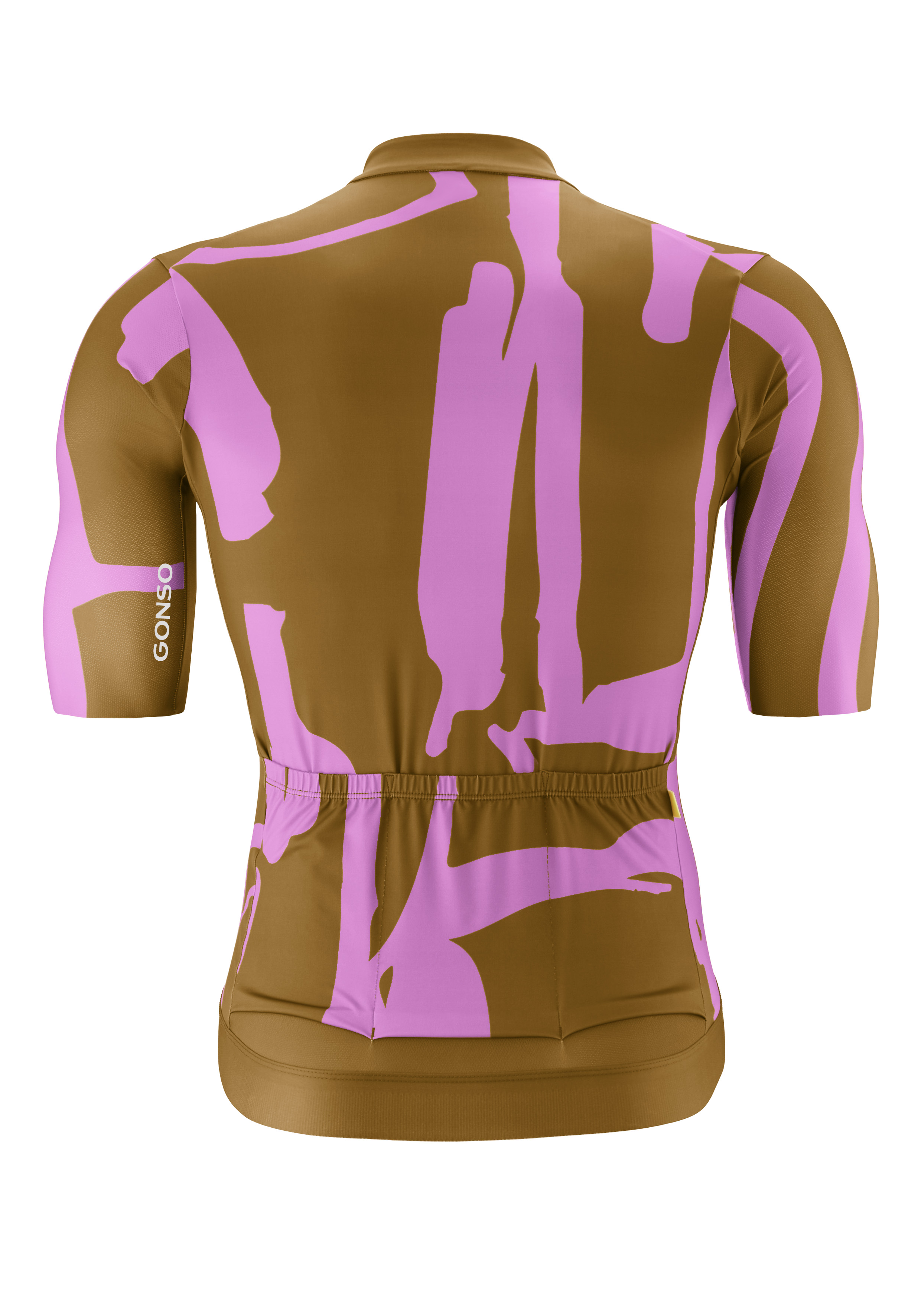  Radsport-Trikot, Kurzarm, pinkes Muster, braune Grundfarbe, elastischer Bund