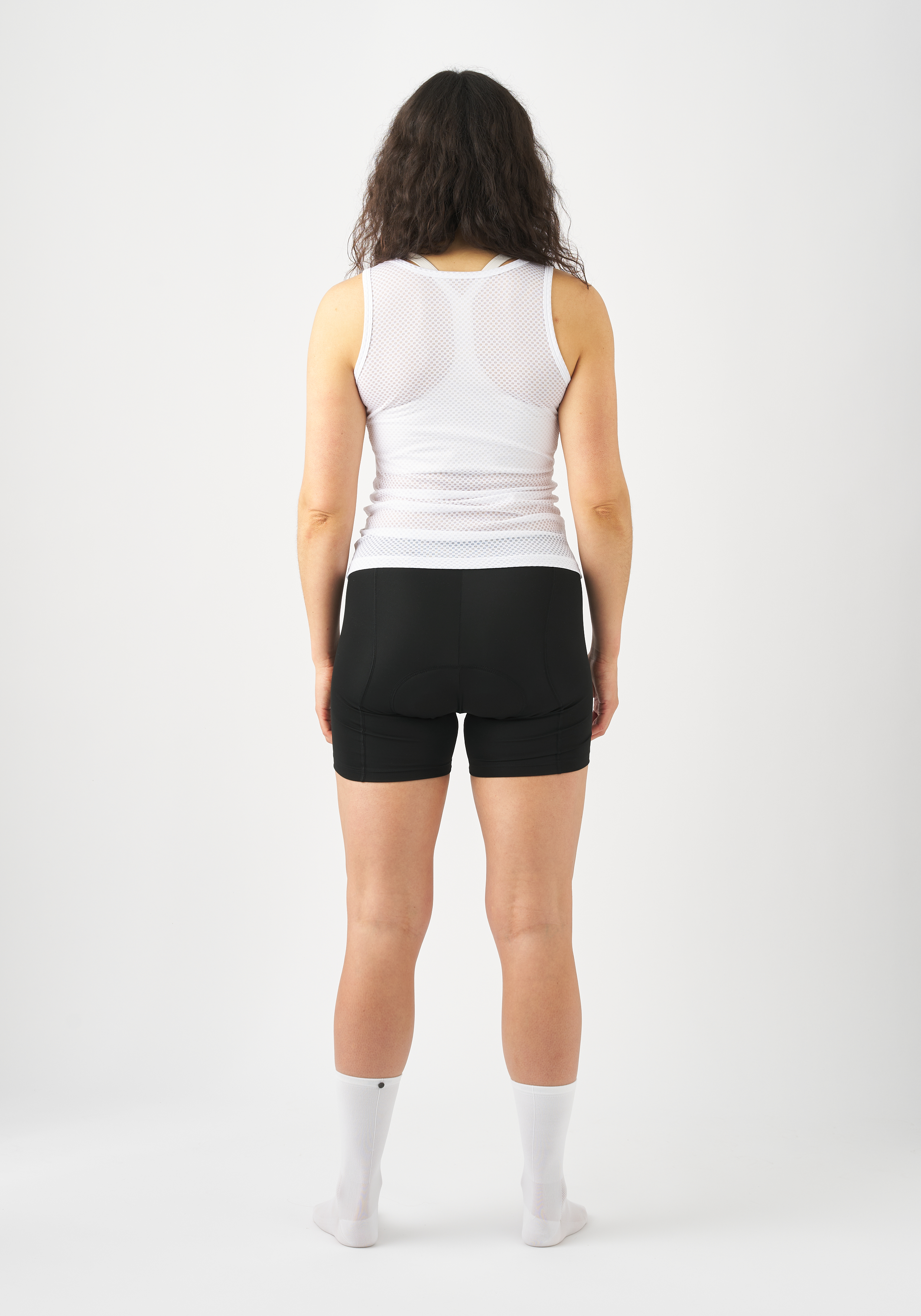 weiße Netz-Top, Tanktop, Mesh-Stoff, Rückenansicht, Shorts schwarz, Mesh, Tanktop, Weiß, Ärmellos, Schwarze Shorts