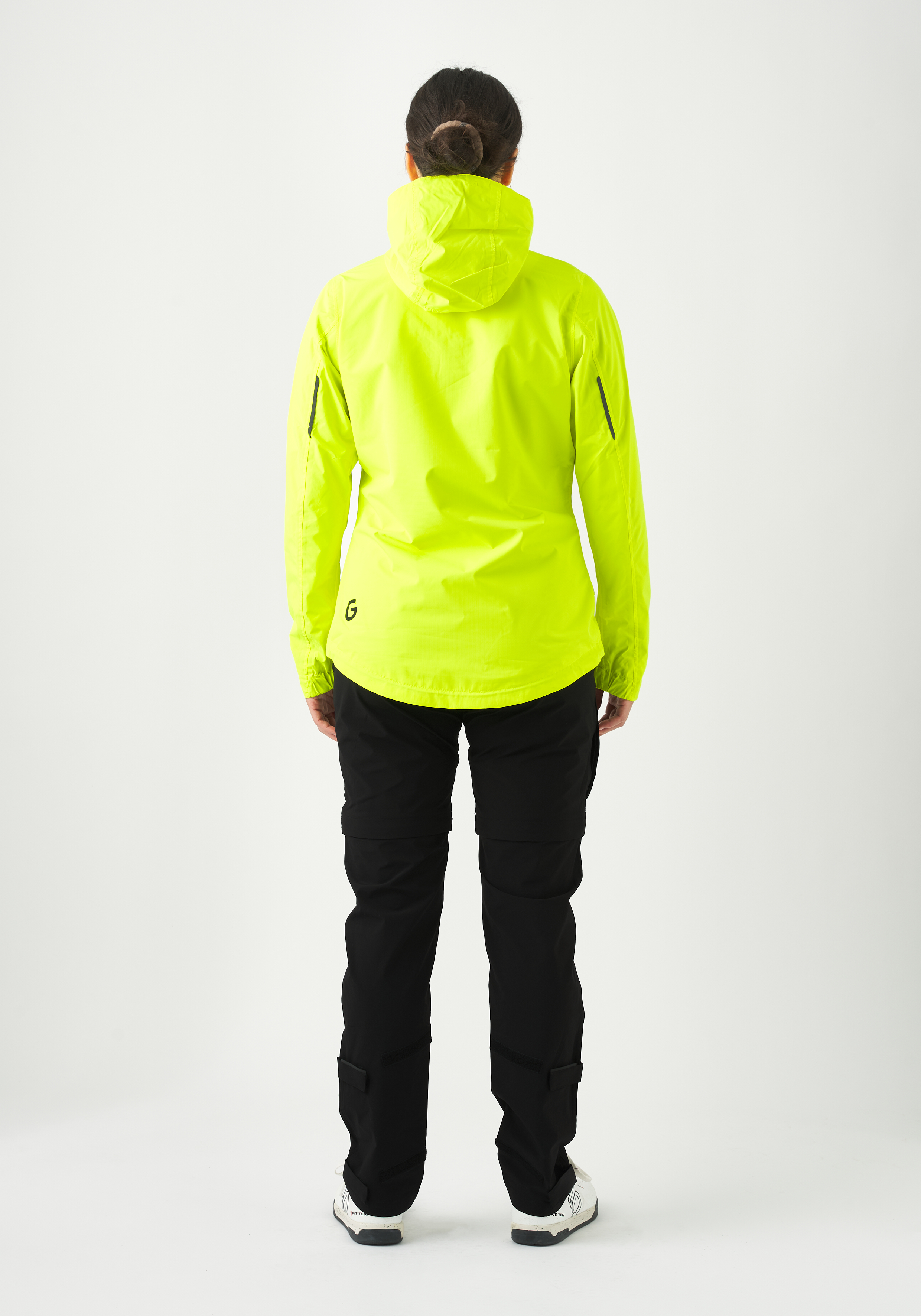 Regenjacke, Neon Gelb, Outdoorjacke, Hoodie?, Rückenansicht, Regenjacke, Neonfarbe, Hoodie-ähnliche Jacke, Kapuze, Rückansicht