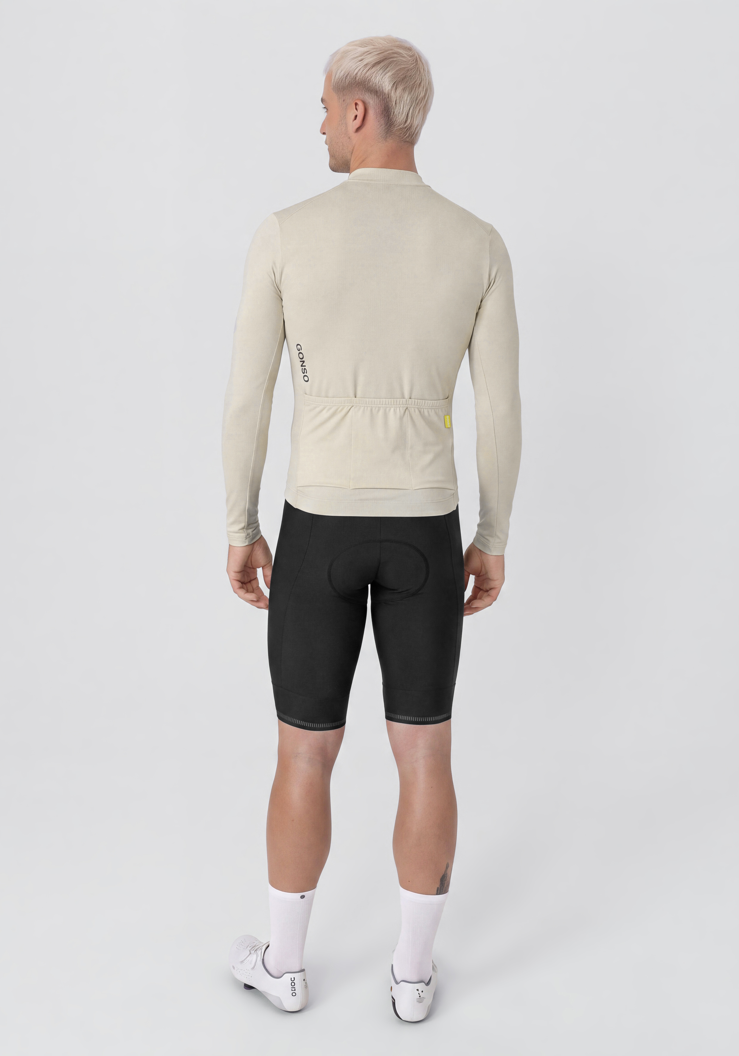 Road Jersey Longsleeve M Radtrikot, Radsport, Langarm-Jersey, Beige Oberteil, Kompressionsshorts, Radsporttrikot, Beinlinge, Langarmshirt, Beigeoberteil, Kreiselnähte, Radtrikot, Langarm, Beinlinge, Beige, Rückansicht