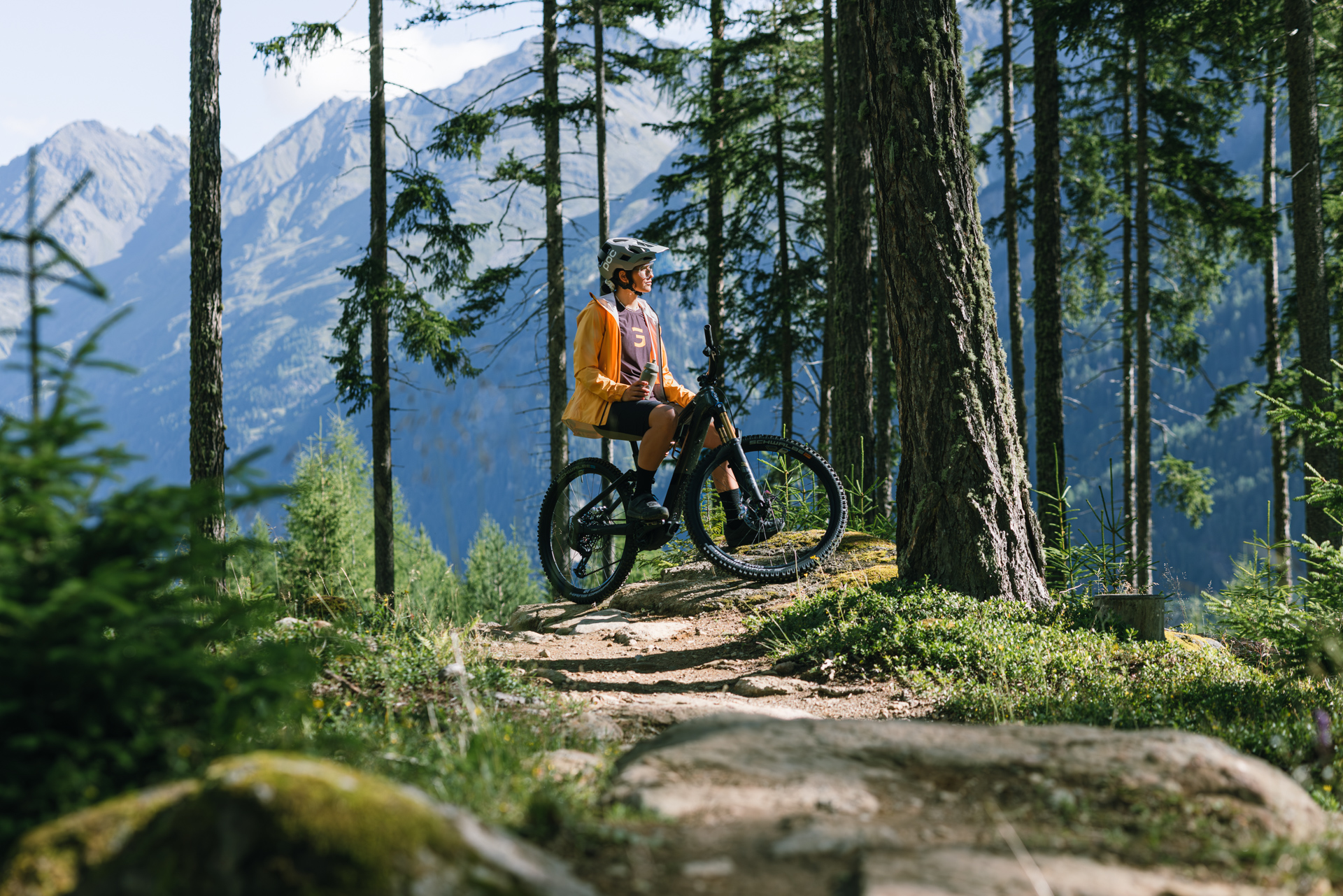 Mountain bike, Cyclist, Forest trail, Orange jacket, Helmet