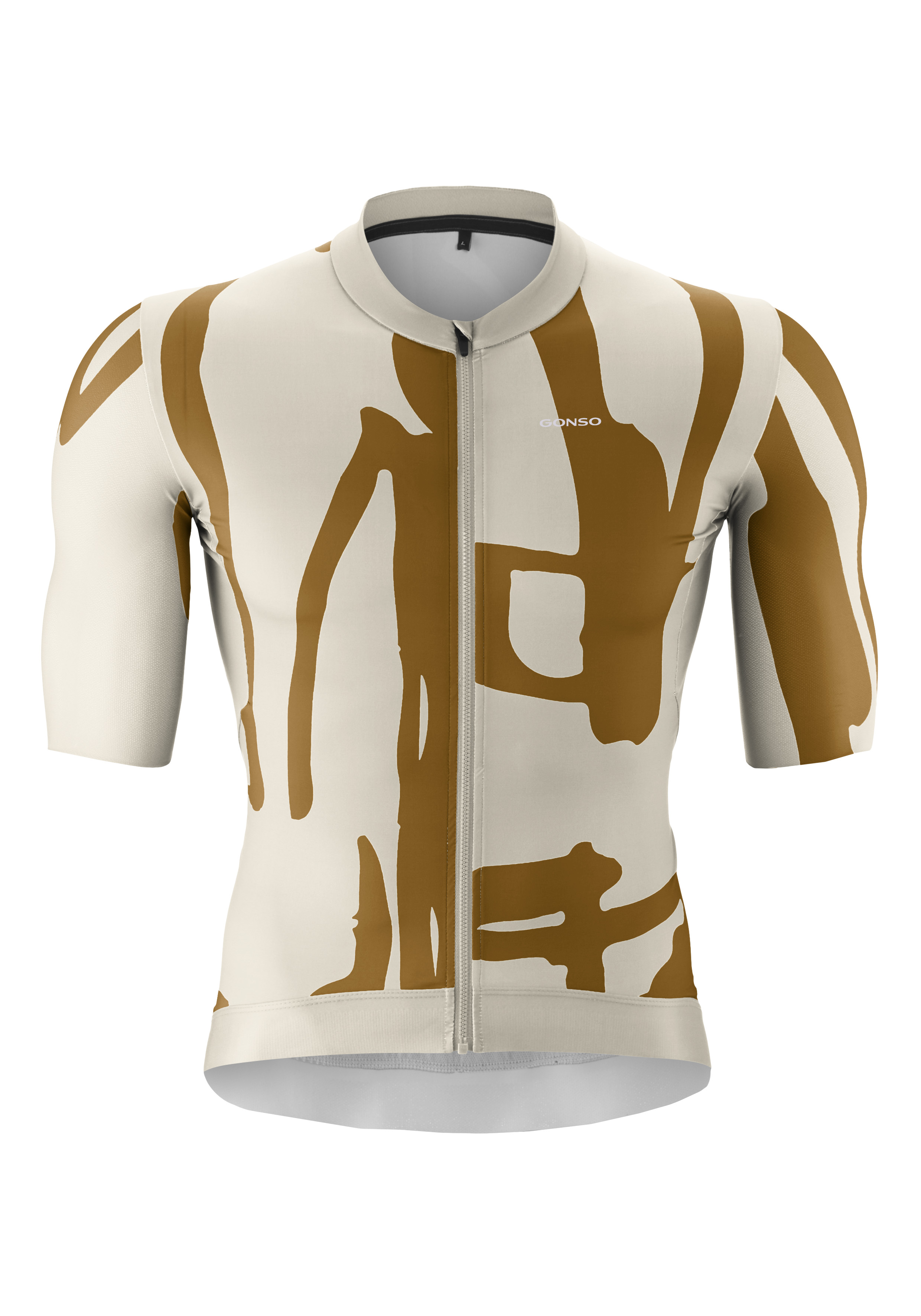 Fahrradtrikot, Kurzarm, Reißverschluss, abstraktes Muster, beige-weiß