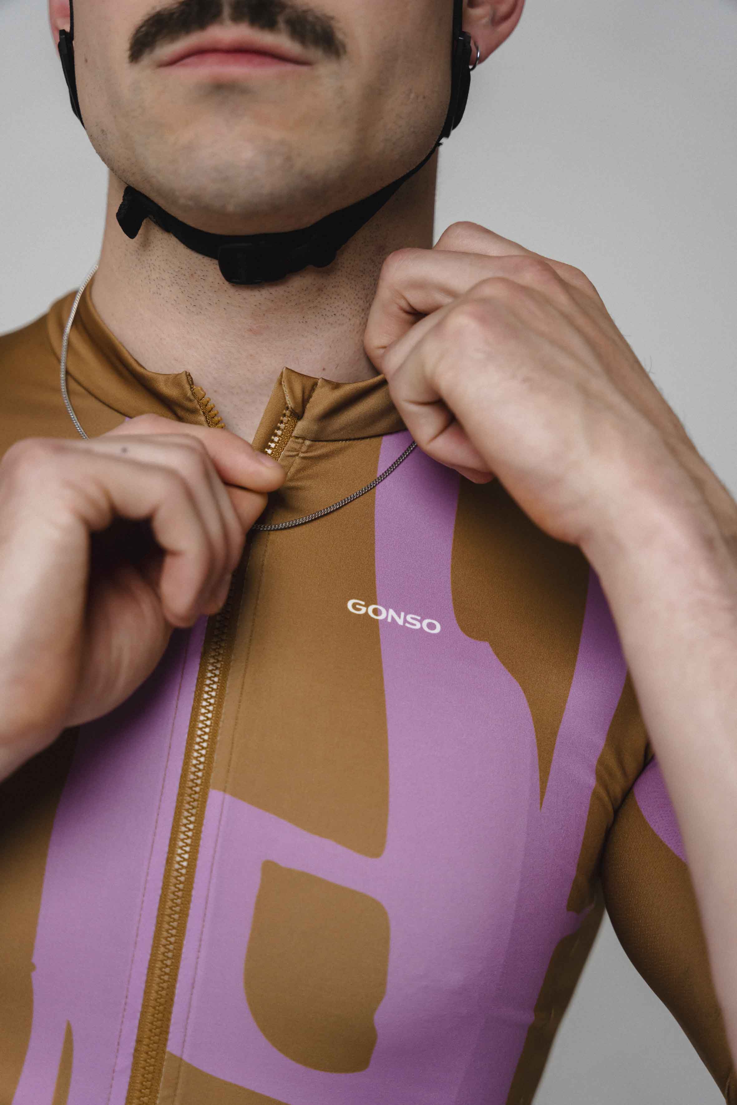 cycling jersey, Reißverschluss, lila Muster, braun, GONSO-Label, Radsporttrikot, Reißverschluss, braun, lila, GONSO