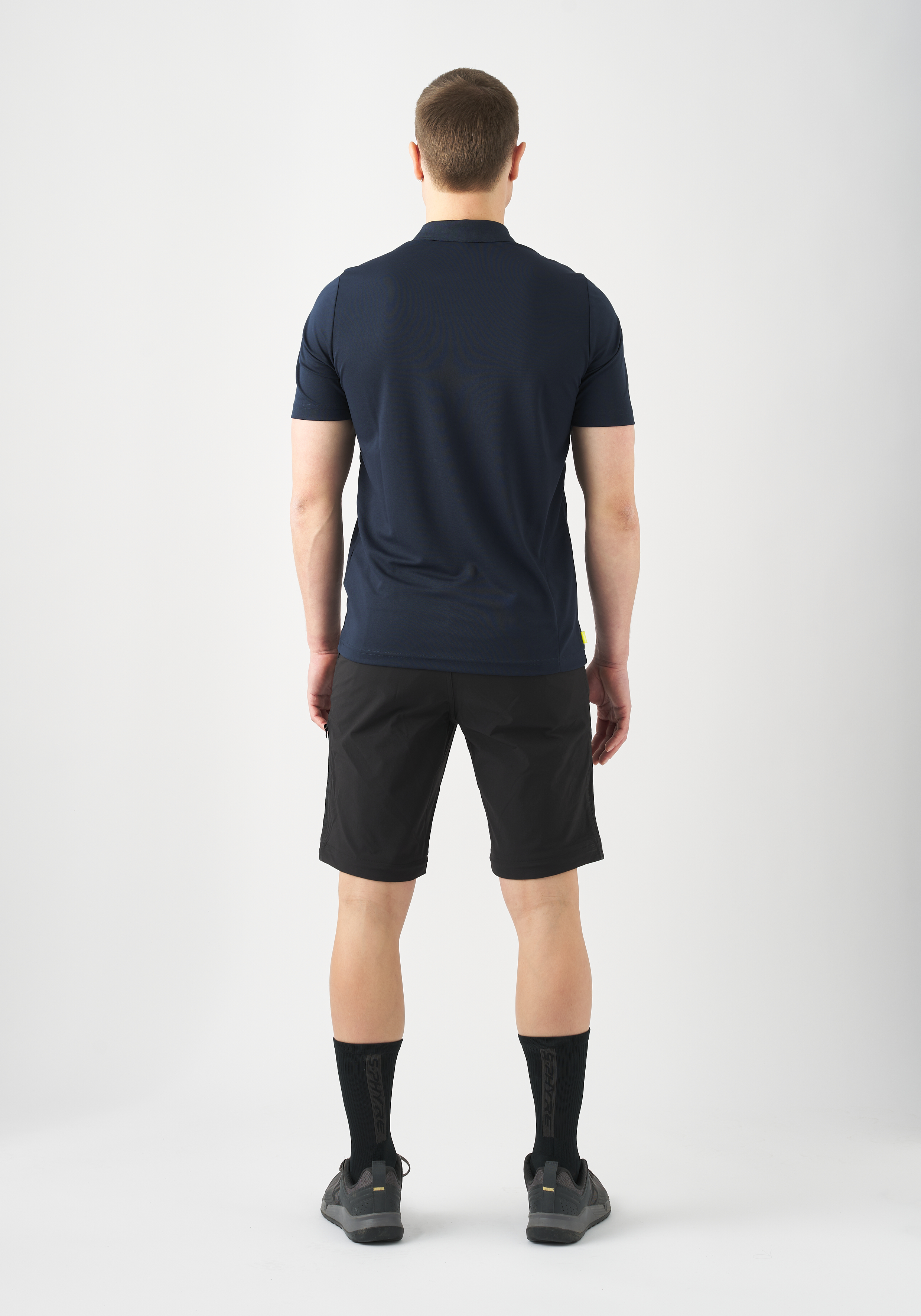 Polohemd, marineblau, Shorts, schwarze Shorts, Sportbekleidung